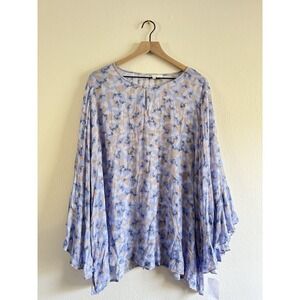 Fever Blouse Easter Egg Olive Purple Floral Long Sleeve Ruffle Size 2X‎